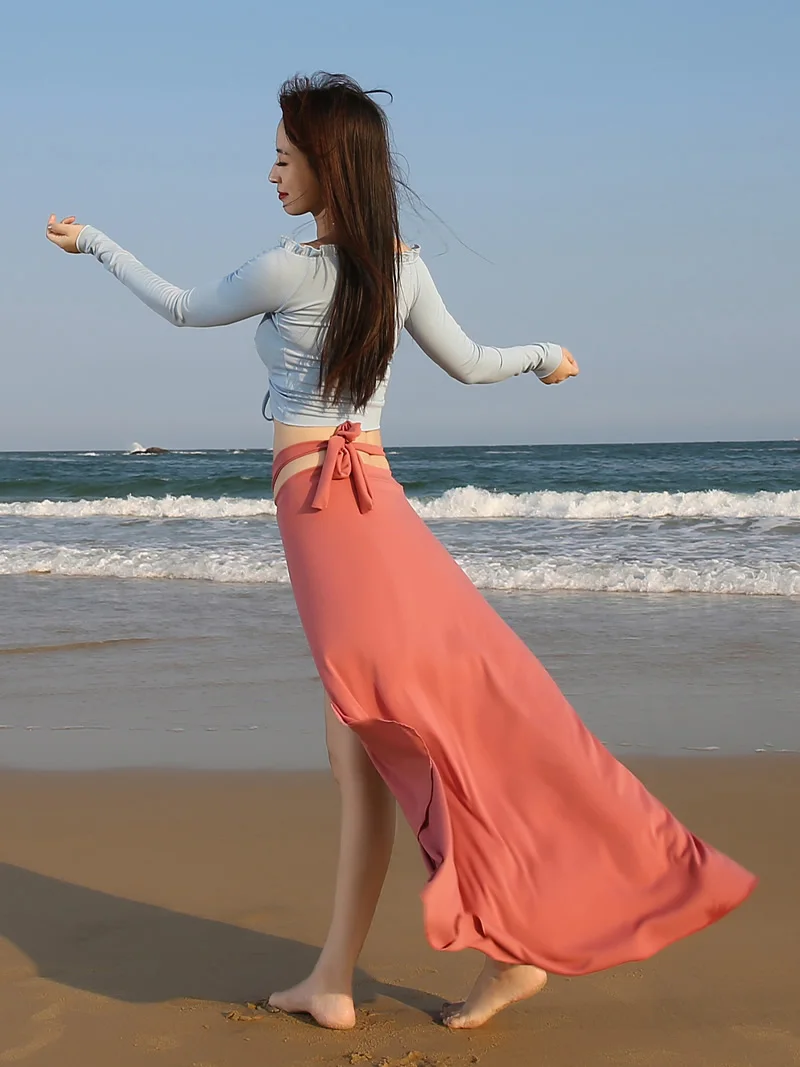 Costume d'entraînement de danse du ventre personnalisé pour femmes adultes, ensemble à manches longues, sexy, jupe à franges, robe de salle de bal standard