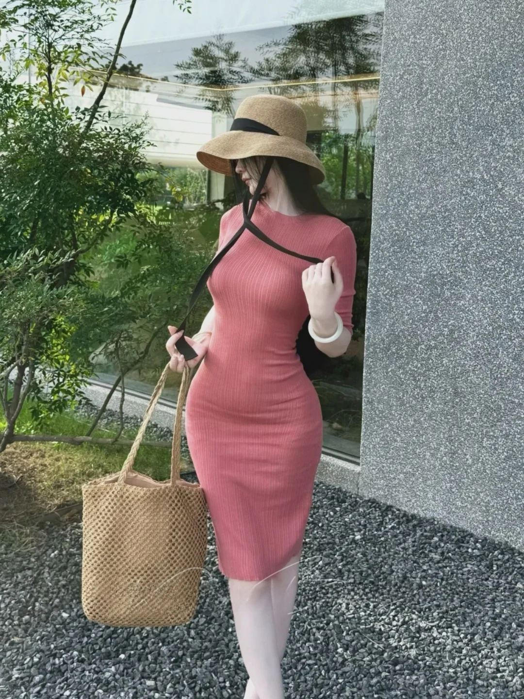 Elegant Commute Knitted Dress Slim Fit round Neck mid Sleeve Women's Casual Style Bodycon Skirt Rylee And Cru Brand