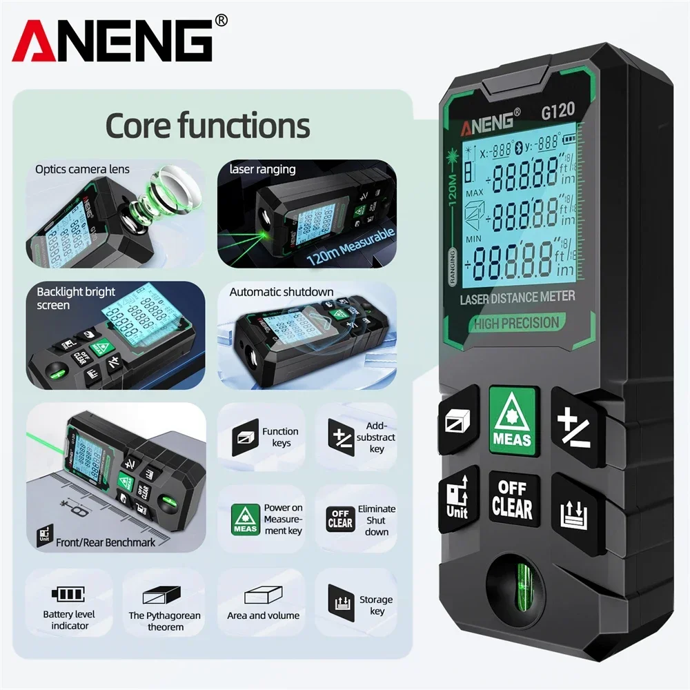 ANENG G50/G120 Smart High-precision Laser Rangefinder Green Laser Distance Meter Ruler Autonomous Calibration Measuring Tool