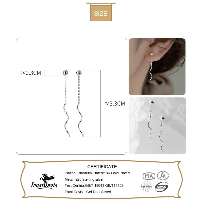 Trustdavis Real 925 Sterling Silver Beads Chain Waves Stick Drop Earrings  for Women Fashion Wedding Party FINE Jewelry DA2751