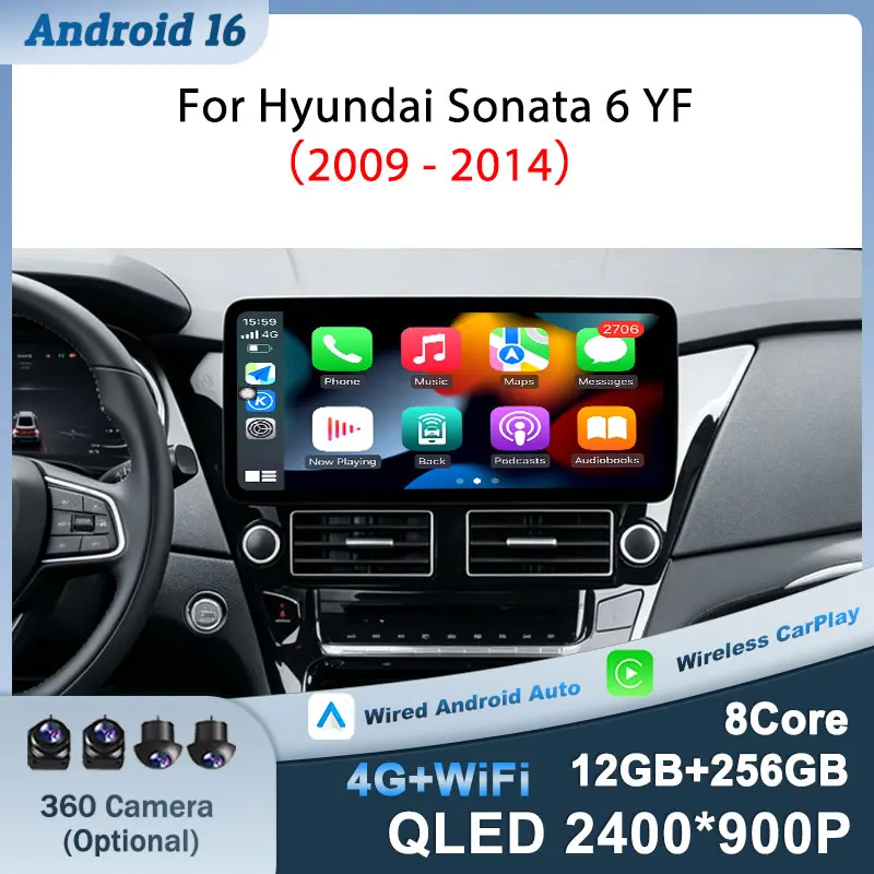 Android 16 (OS) Split Screen Wireless CarPlay For Hyundai Sonata 6 YF 2009 - 2014  Auto Tools GPS Navigation Head Unit QLED 4G