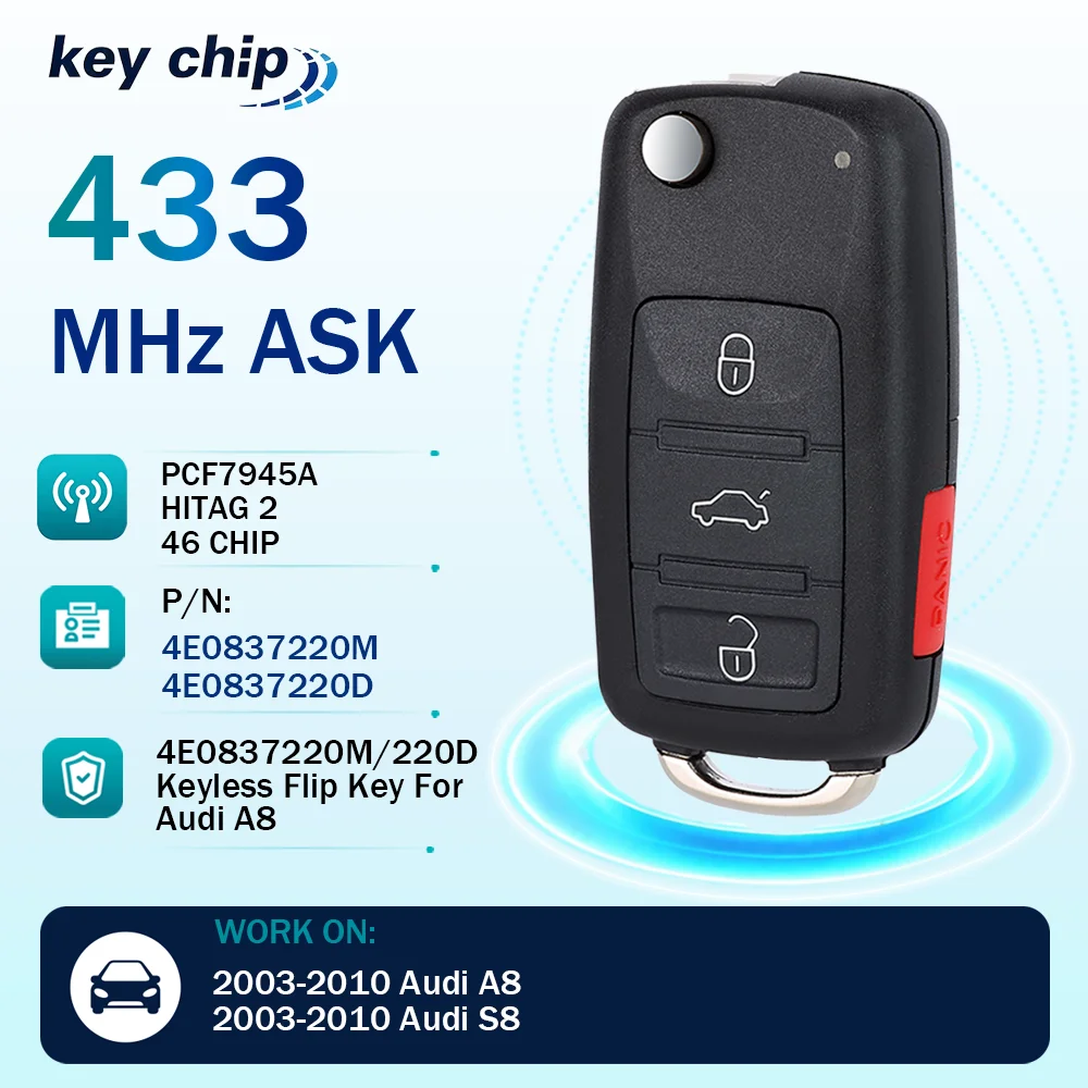 Key chip For Audi A8 (433Mhz) 4E0837220M/220D Keyless Flip Key