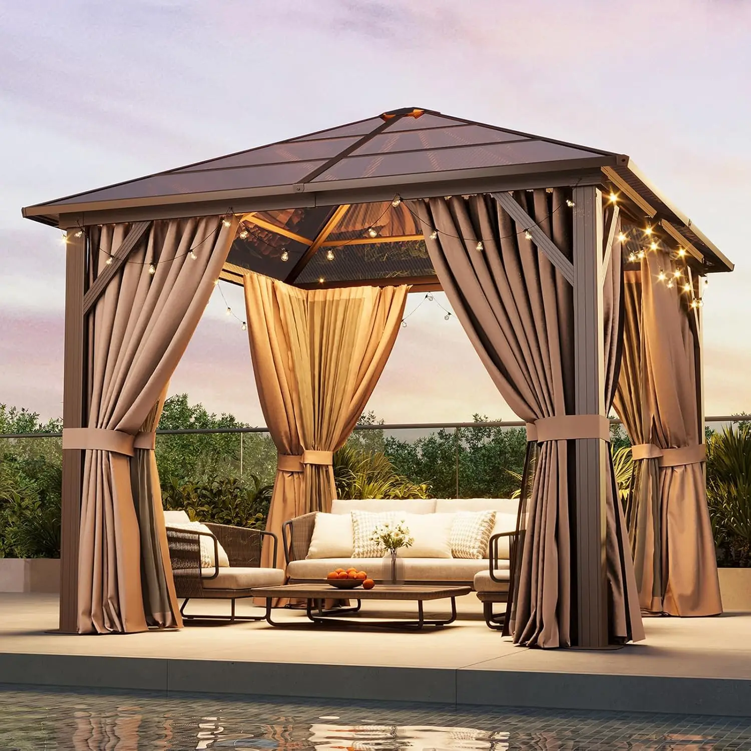 

10'x10' Hardtop Gazebo, Outdoor Metal Gazebo with Polycarbonate Roof Canopy, Permanent Pavilion with Netting and, Customized