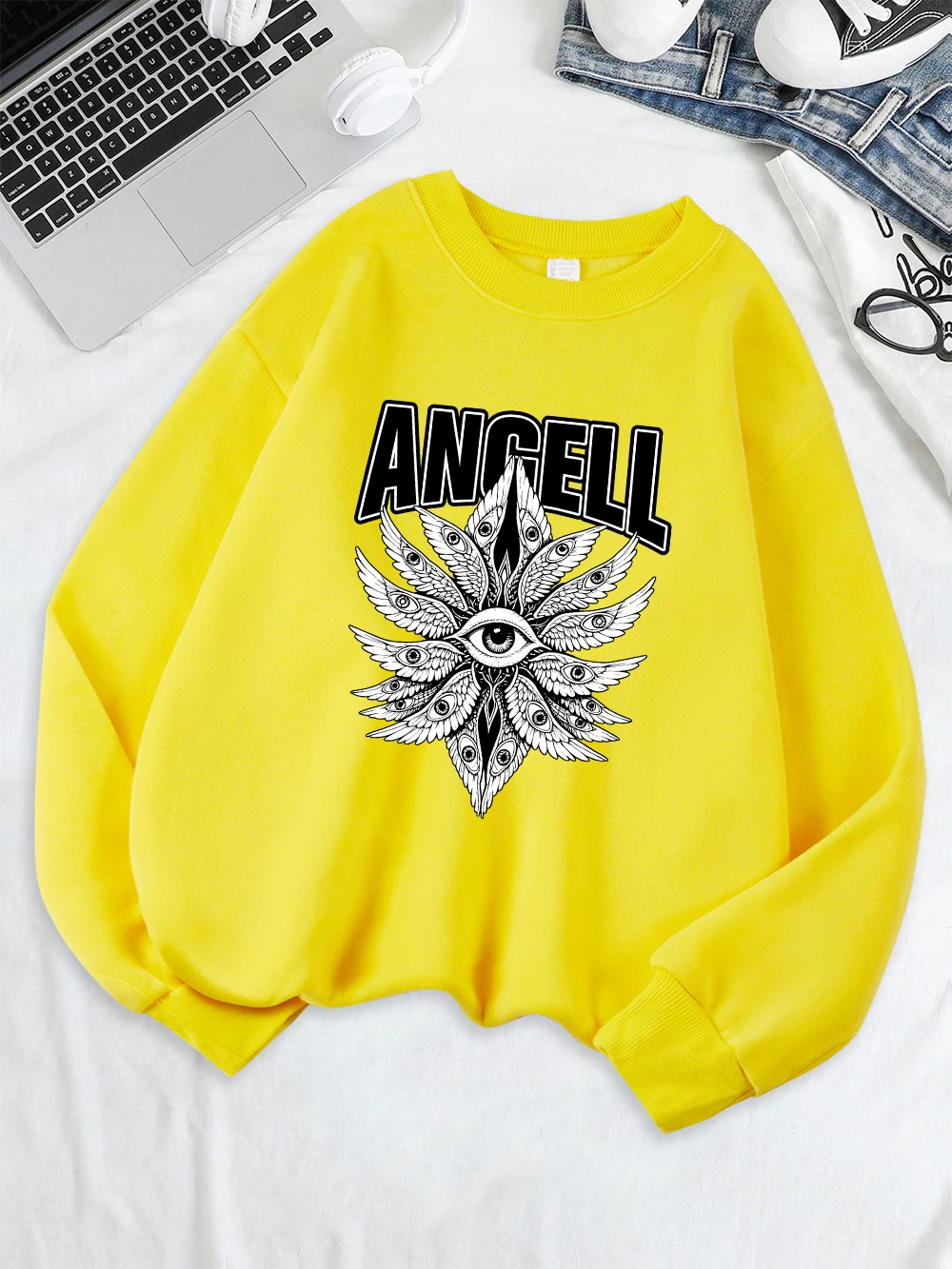 Angell Eyes Printing Sweatshirts Women Winter Fleece Warm Hoodies Crewneck Loose Pullovers Basics Comfortable Womans Clothes