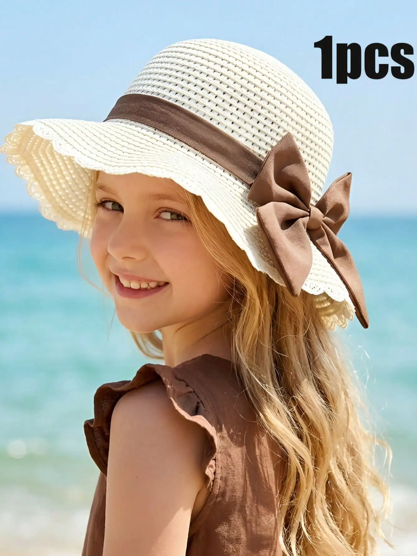 1Pc 3-8Y Girls Coffee Bow Beige Wavy Straw Hat Summer Outdoor Beach Sun Cap