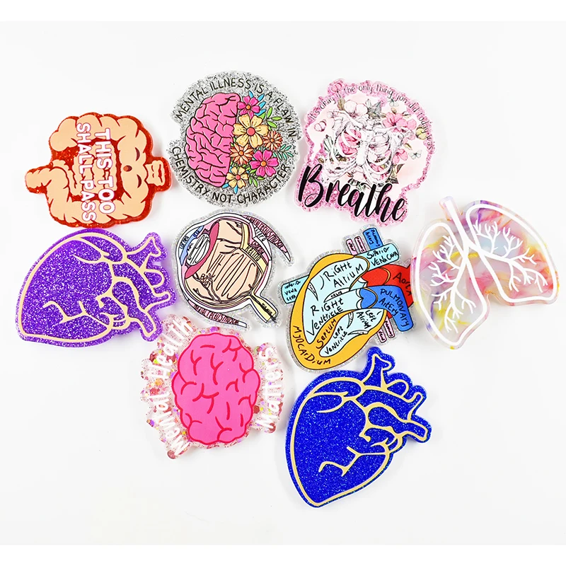 10PCS Mixed 54MM Glitter Acrylic Charms Heart Lung Dog Mom Nurse Fit DIY ID Card Badge Holder Jewelry Making