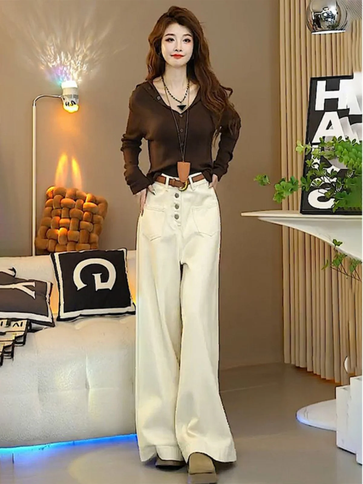 Elegante Traje de Mujer de Manga Larga y Corte Entallado, Pantalones de Pierna Ancha de Cintura Alta, Conjunto de Dos Piezas, Estilo Casual a la Moda, Fibra de Poliéster