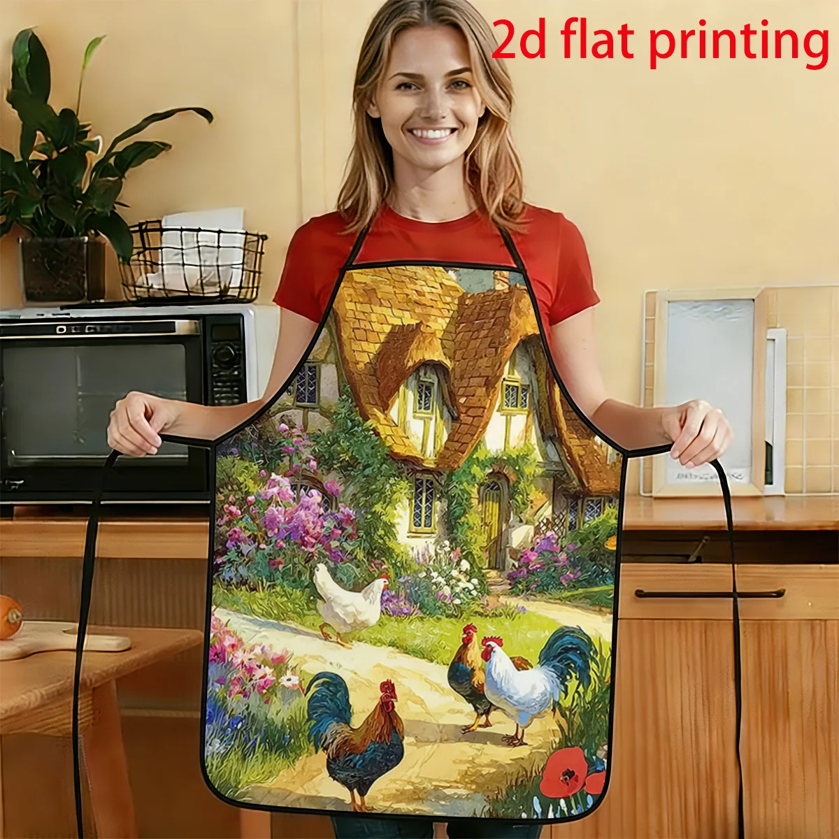 1pc 2D Flat Country Cottage And Chickens Playful Pattern Apron Durable And Easy To Clean Adjustable Waist 50x75cm 68x95cm