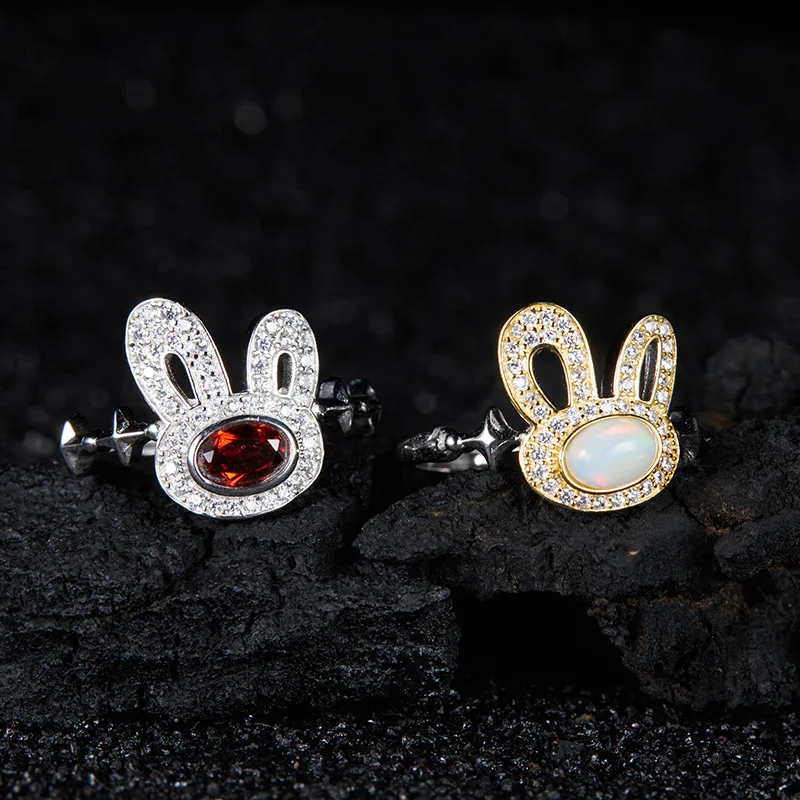 

Japanese and Korean New Style Rabbit RingS925Silver Inlaid Natural Gemstone Ring for Women Fashionable Light Luxury High-end Ind