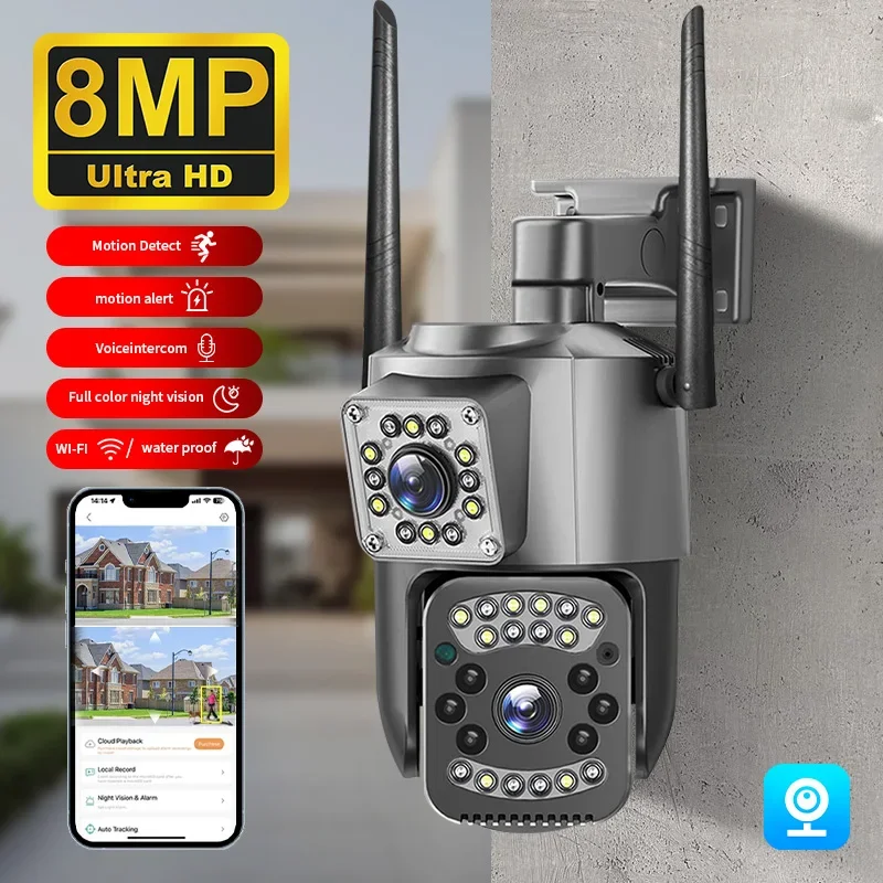 8MP 4K WIFI IP Camera Dual Lens PTZ 4G SIM Card Outdoor Webcam Alarm AI Tracking 10X Zoom Color Night Vision Wireless Cam CCTV