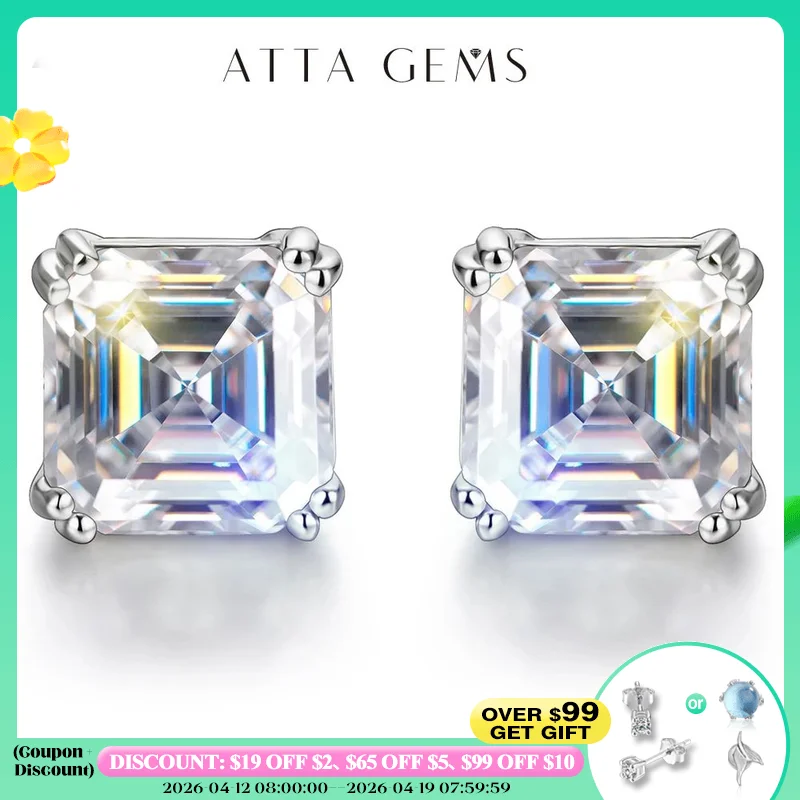 

ATTAGEMS Total 0.8ct 6.0mm Moissanite D Color VVS1 Asscher Cut 18K White Gold Plated Earrings Jewelry Woman Girlfriend Gift