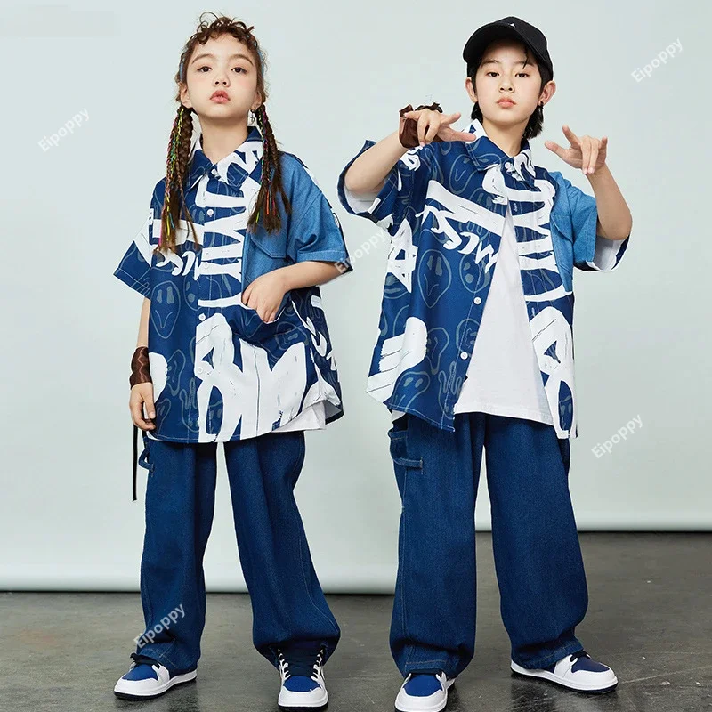 

Hip Hop Boys Graffiti Jeans Shirt Loose Pants Girls Street Dance Cool Denim Jacket Kids Jazz Clothes Sets Children Streetwear