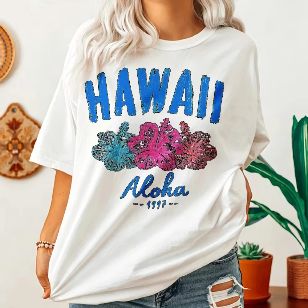 Vintage Hawaii Aloha Cotton T-Shirt with Blue Text Pink Hibiscus Flower Graphic Print Crew Neck Retro 1997 Tropical Summer St