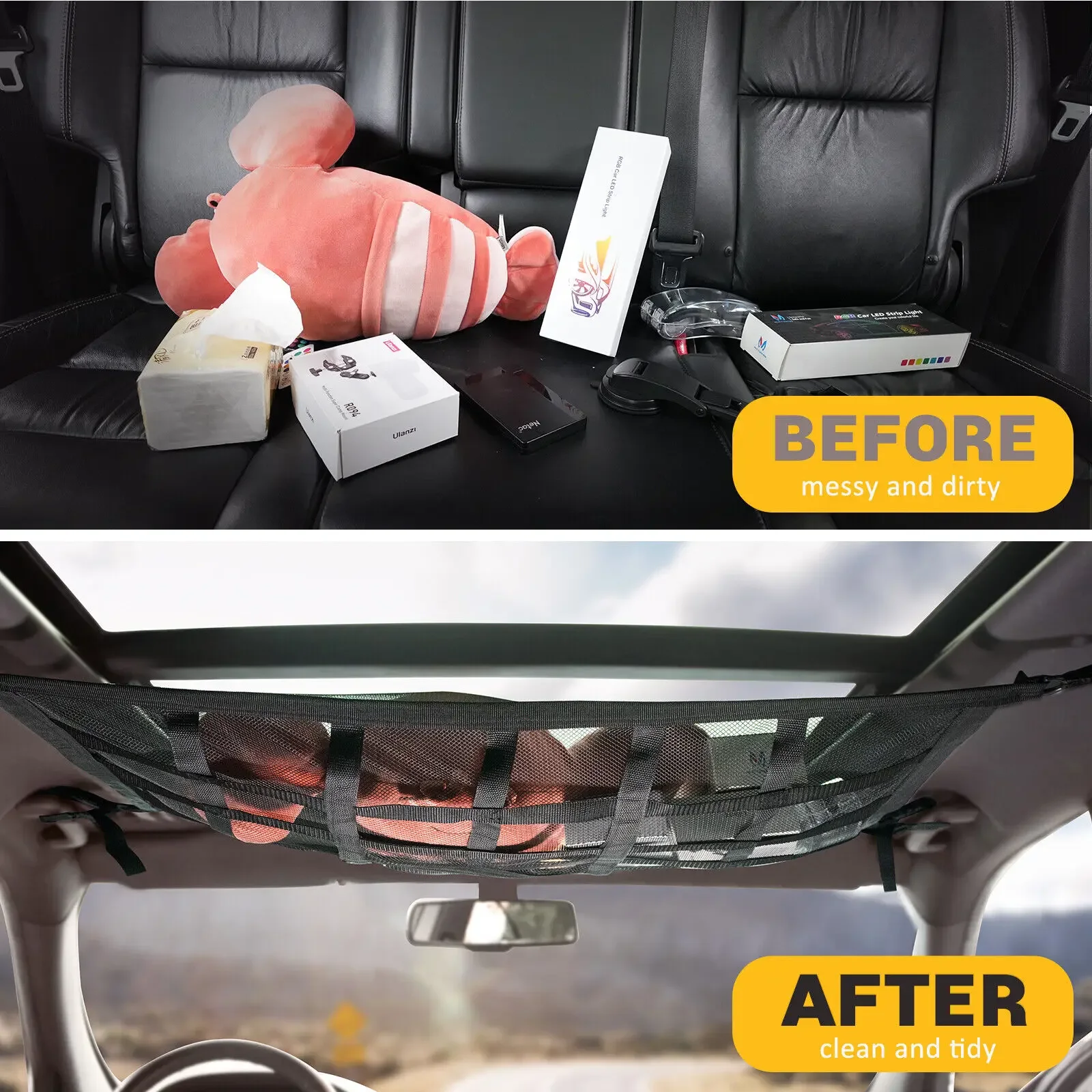 Car Roof Top Ceiling Cargo Net Pocket Mesh Organizer Bag Universal 90x65CM Anti Sagging Luggage For SUV Van Camping Cab