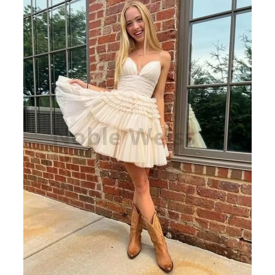 V-Neck Pleated Tulle A-Line Prom Dresses Short Party Gowns Customize