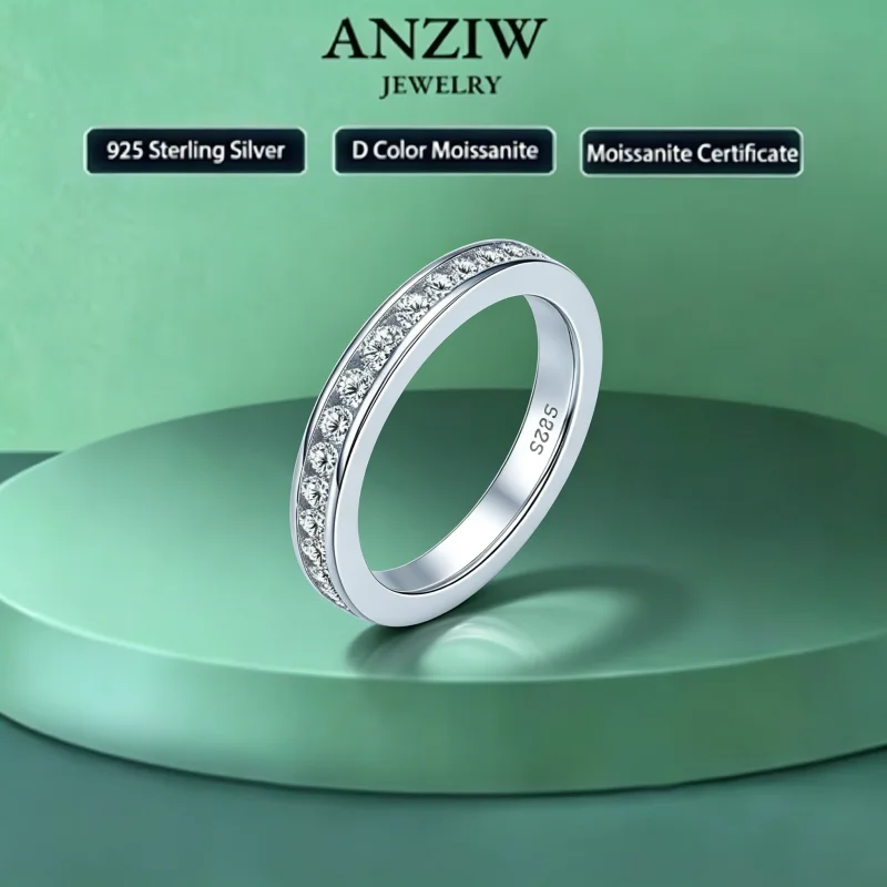 Anziw Trendy 2mm/2.5mm Round Moissanite Half/Full Eternity Band Ring for Women 925SterlingSilver Finger Wedding Jewelry Gift
