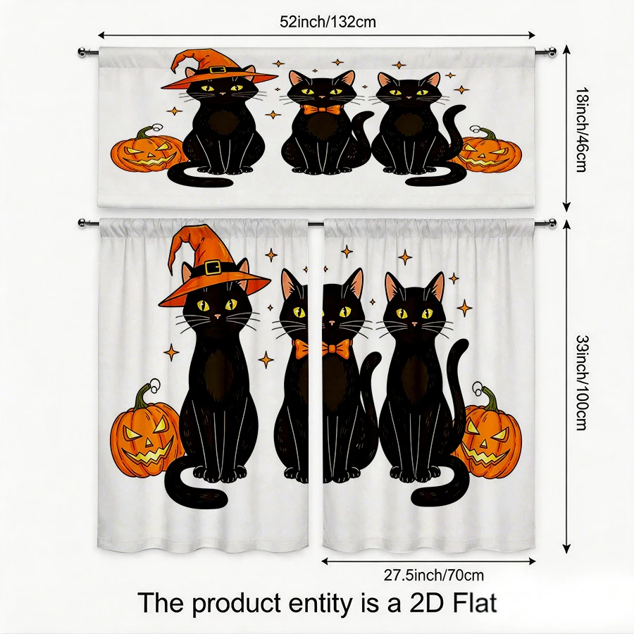 Halloween Fall Kitchen Curtains, Three Black Cat Witch Hat, Digital Print, Kitchen Dining Room, Rod Pocket Polyester, Home Decor