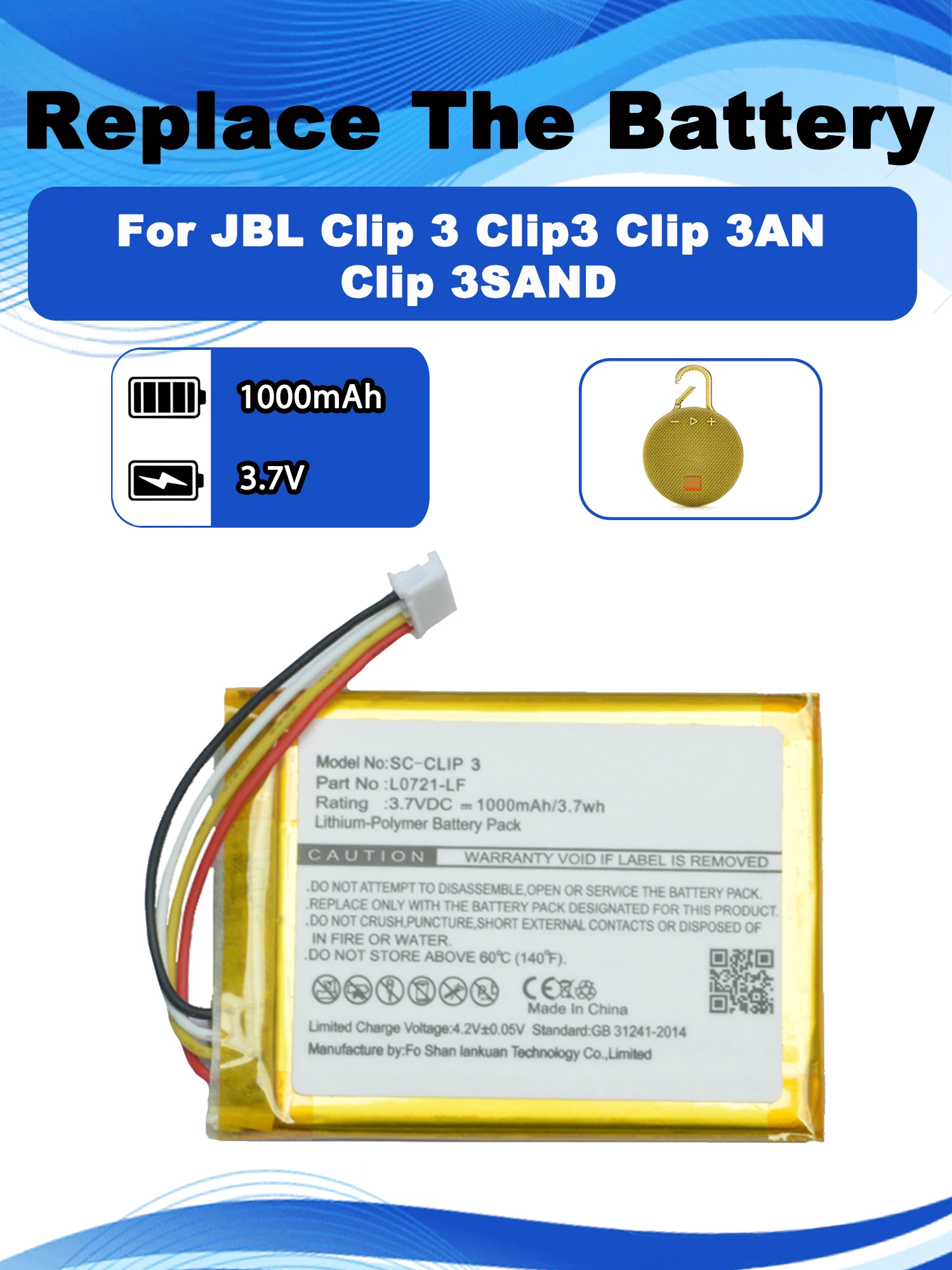 3.7V 1000mAh L0721-LF Replacement Battery For JBL Clip 3 Clip3 Clip 3AN Clip 3SAND Bluetooth Speaker Tools