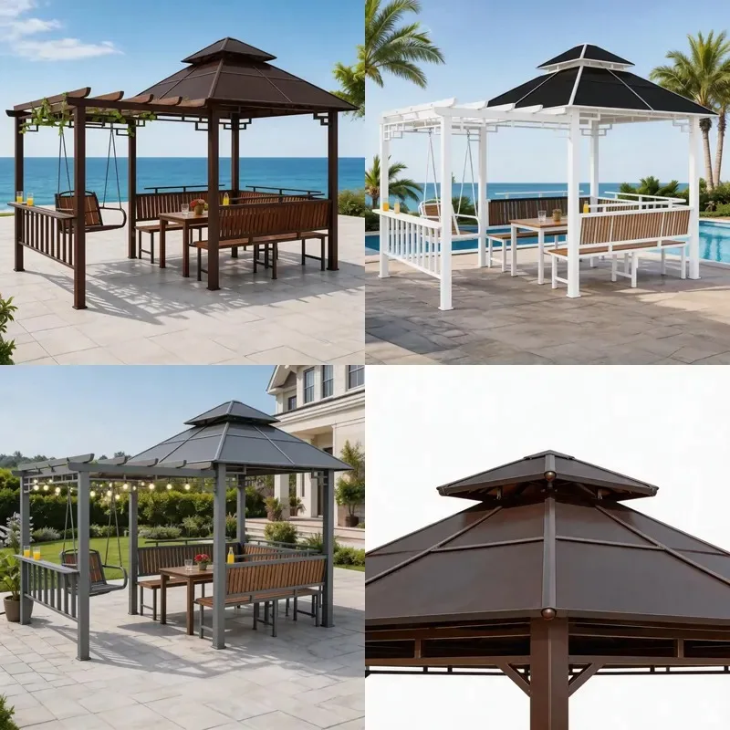 Aluminum Hardtop Outdoor Gazebo with Swing and Dining Table Set 6 Seat Weatherproof Patio Furniture for Villa Backyard