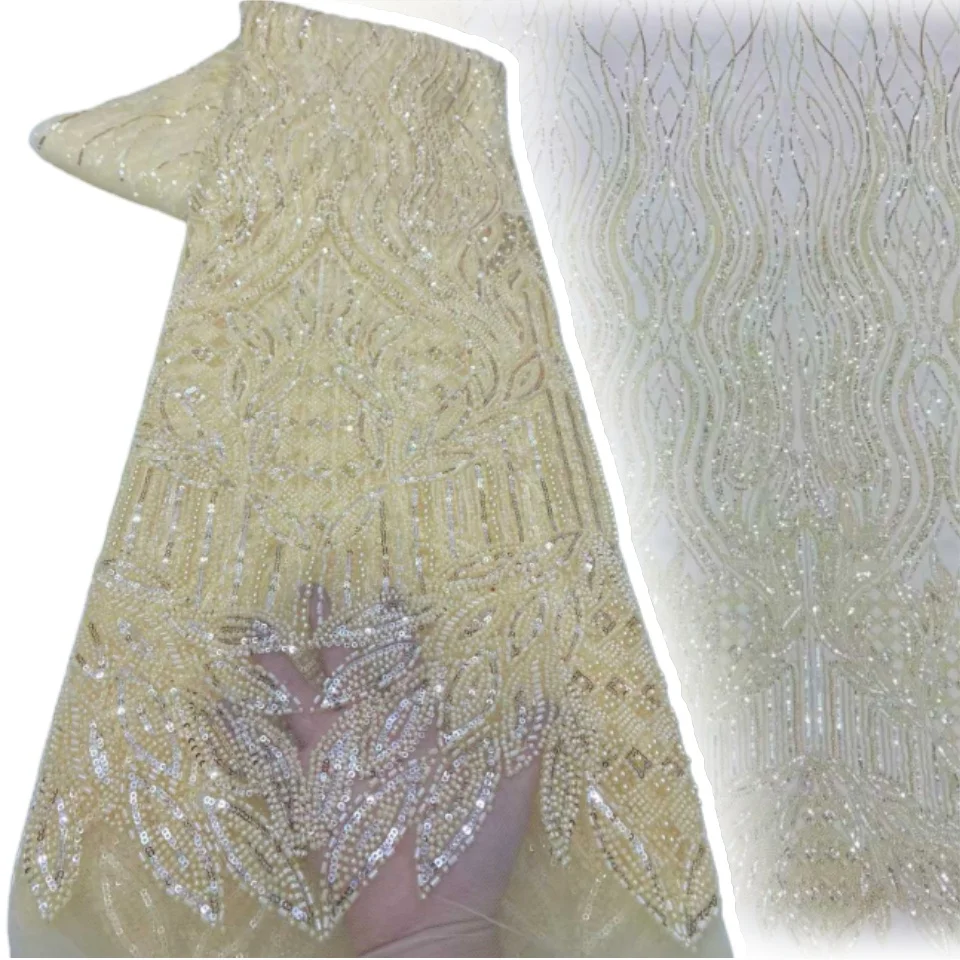 

African Tulle Lace Fabric 2026 French Net Sequins Fabric Sewing Embroidery with Beads Lace Tulle Mesh Nigeria Dress 5 Yards 2197