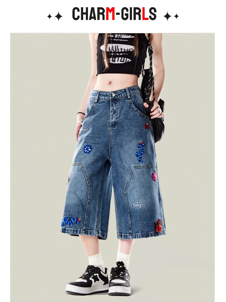 

Washed American High Street Deconstructed Wide Leg Short Jeans Women's Loose Fit Seven Tenths Pants Premium Cross-Border