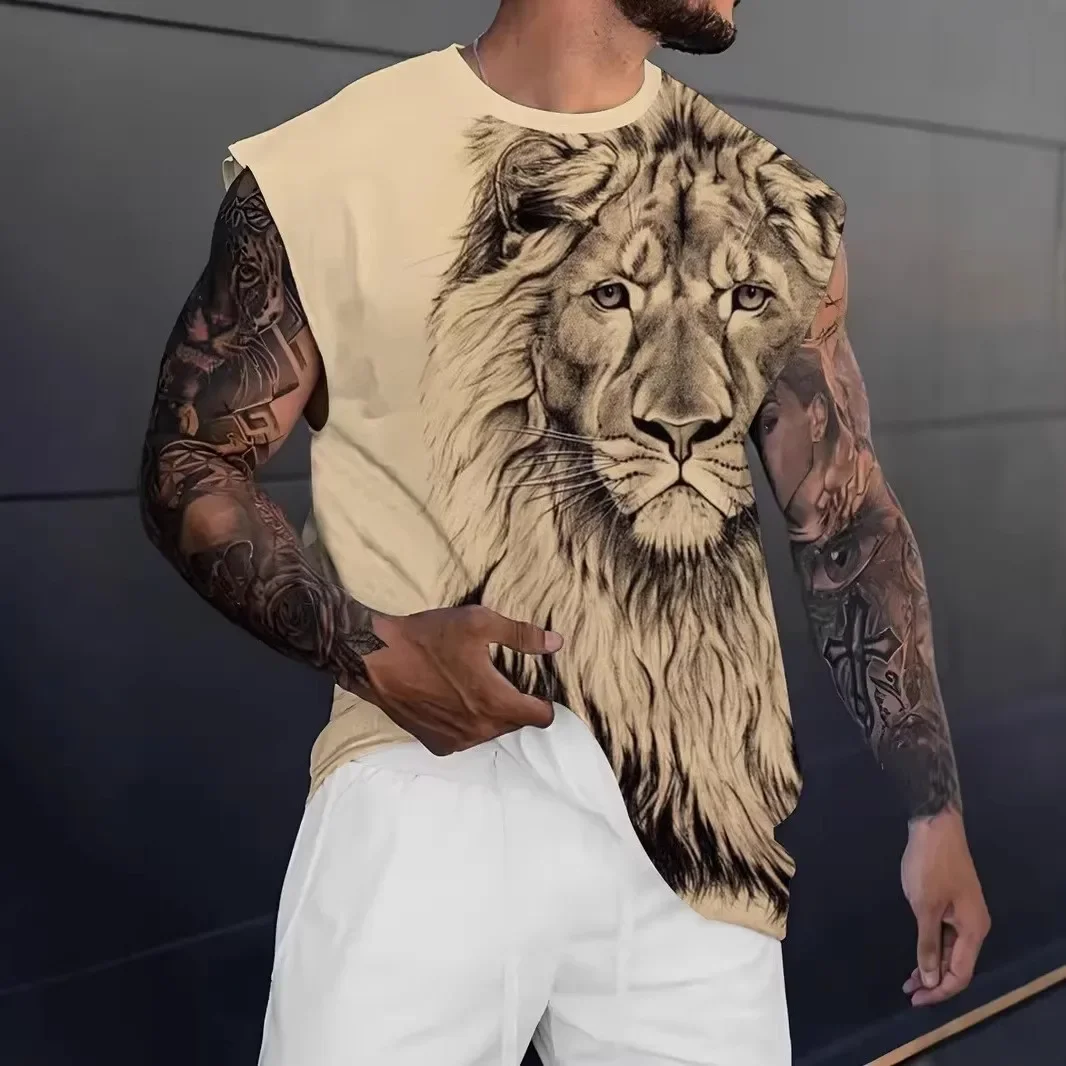 Nuevo chaleco deportivo de Fitness para hombre con estampado Digital 3D de León, camisetas sin mangas informales para hombre