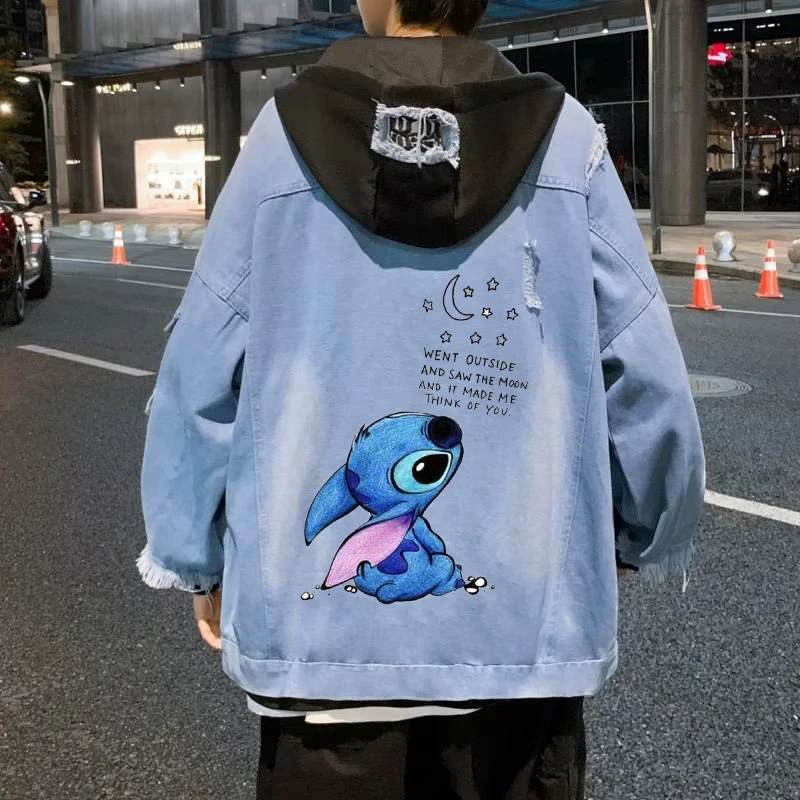 Disney Stitch Unisex Fake Two Denim Jackets for Men Women Drawstring Hoodie Jacket Female Retro Jean Coat Anime Hooded Jacket