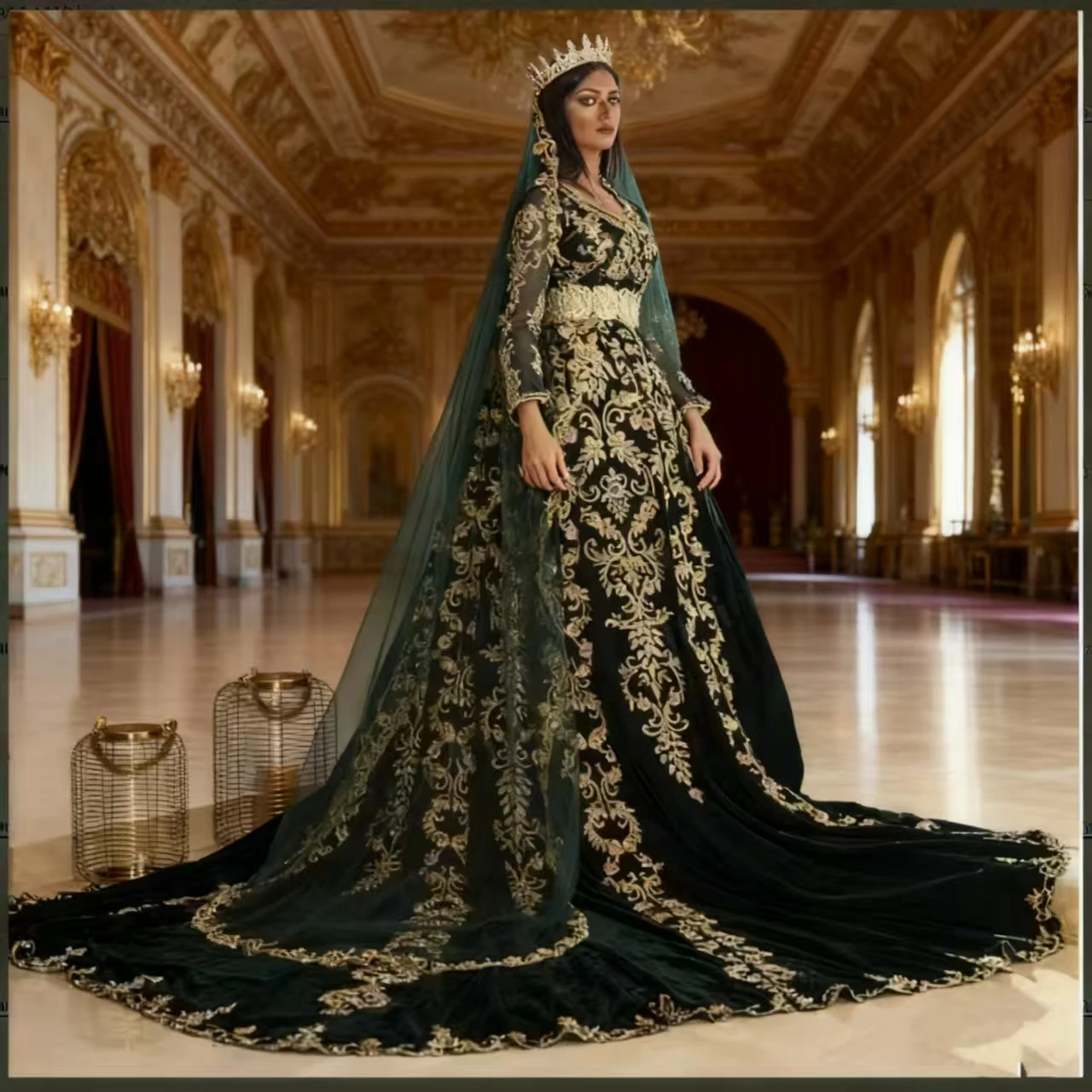 Middle East Arabic Dubai Muslim Wedding Dresses with Long Sleeve Hunter Green Gold Lace custmsized Kaftan Caftan Bridal Gown