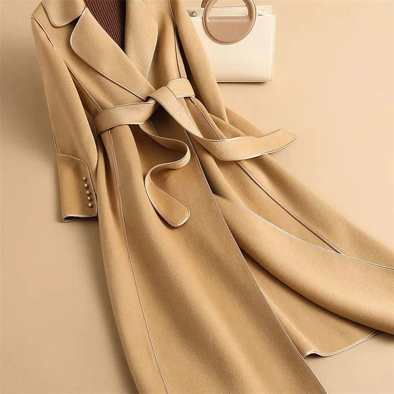 

2023 New Autumn Winter Fashion Warm Woolen Coat Women Windbreaker Long Coat With Belt Female Jackets Wool Coat Outwear