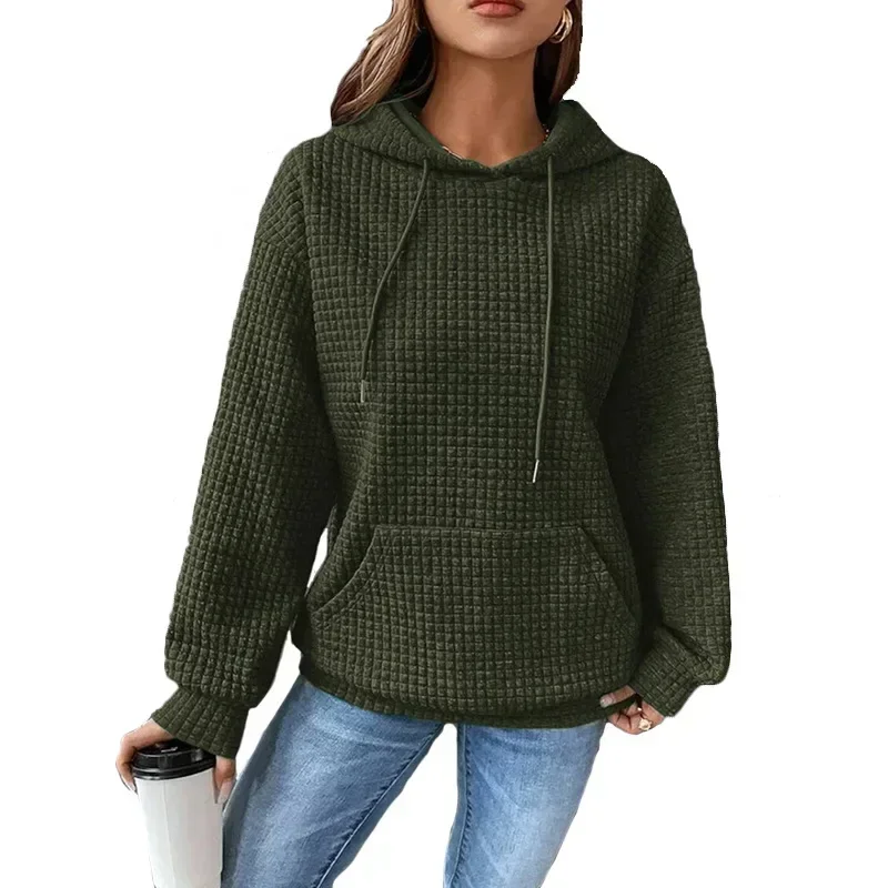 Women's Solid Color Sweatshirt Autumn/Winter Hooded Sweatshirt Waffle Round Neck Long Sleeve Sweatshirt