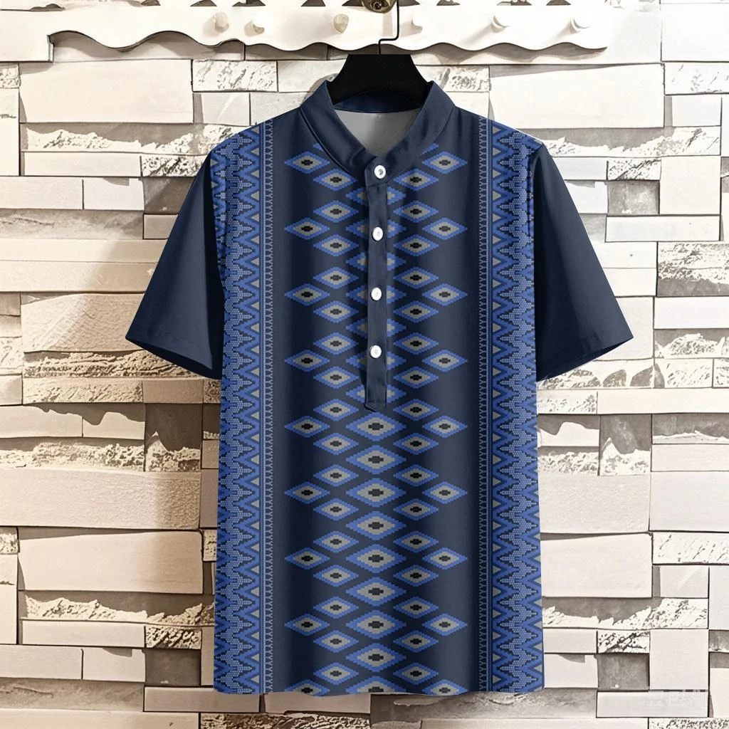 Henley Batik Shirt Muslim Men Baju Raya 2025 3D Printed Stand Collar Short Sleeve Top Adult Men's Kurta, Men's Shirt