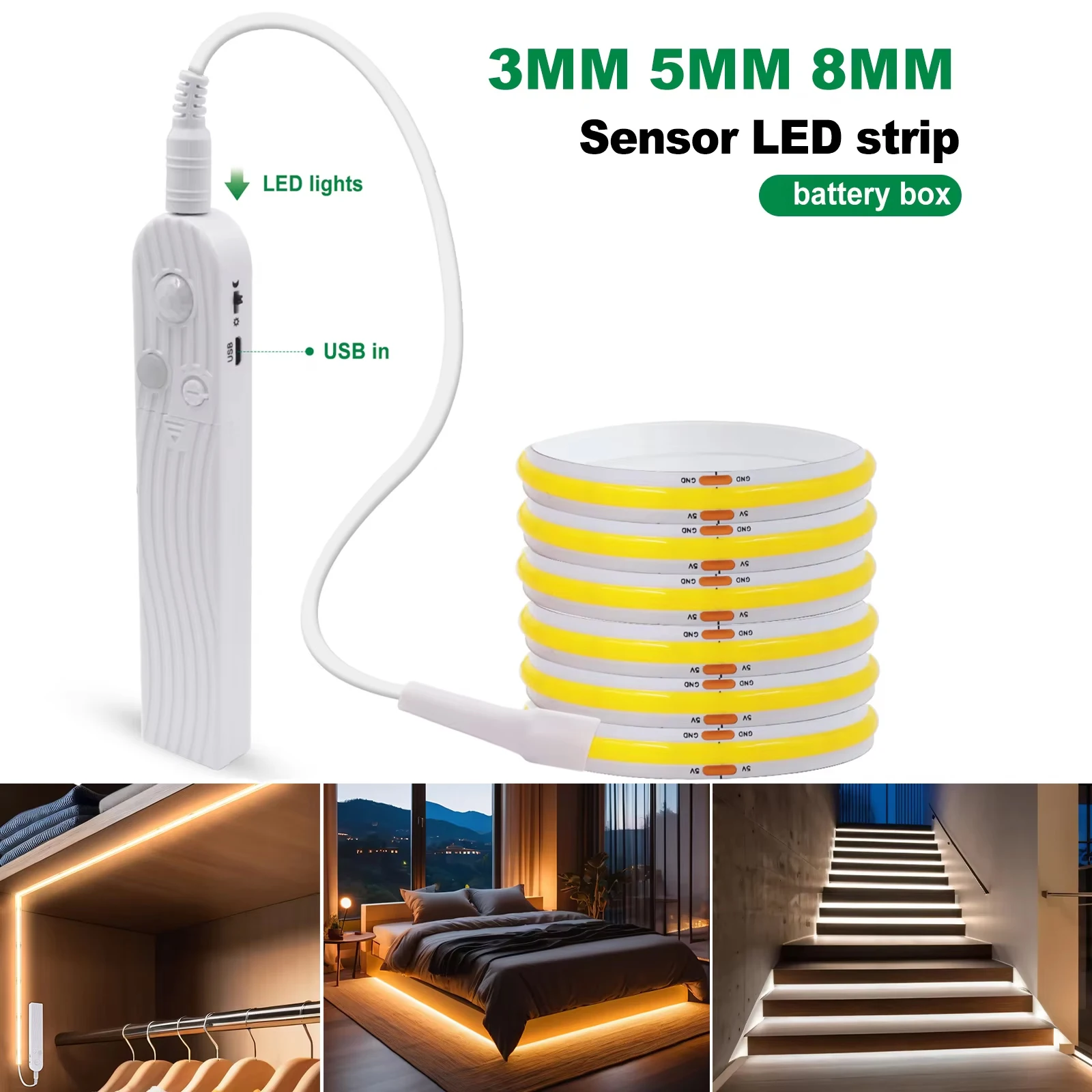 Motion Sensor COB Led Strip Battery 3MM 5MM 8MM Width Human Body Induction Under Bed Lamp for Cabinet Wardrobe Kitchen Stairs