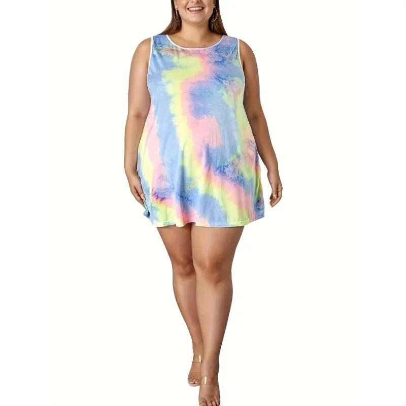 Sukienka damska plus size 1XL-5XL, codzienna i modna, bez rękawów, z efektem tie-dye, idealna do dojazdów do pracy.