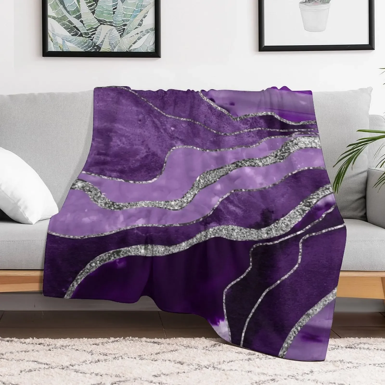 Purple Marble Agate Silver Glitter Glam #1 (Faux Glitter) #decor #art Throw Blanket Summer Luxury St Cute Bed linens Blankets