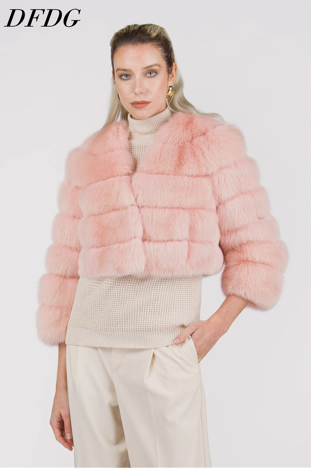 DFDG Women 2026 Horizontal Stitched Faux Fur Cropped Round Neck Long Sleeve Puffy Fluffy Plush Warm Winter Fashion Outerwear Fur