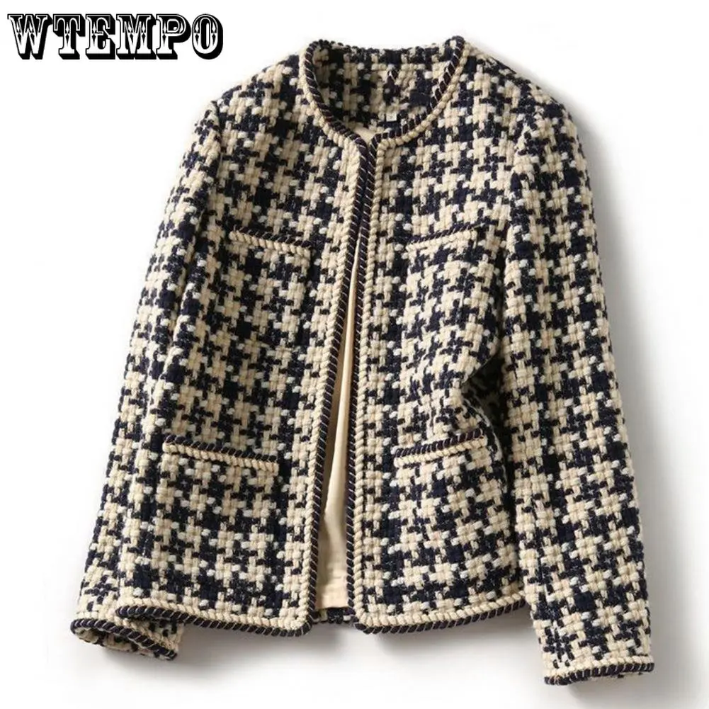 WTEMPO Vintage Early Autumn Tweed Women Jacket Elegant Grid Lady Winter Cardigan Open Front Plaid Outwear