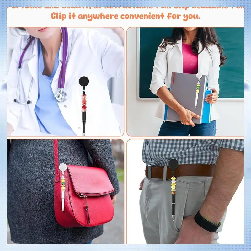 

A82Q-10Pcs Bead Pens Black Ink Ballpoint Pen DIY Pen Retractable Badge Reel Pen Ballpoint Pen For Students Teachers School