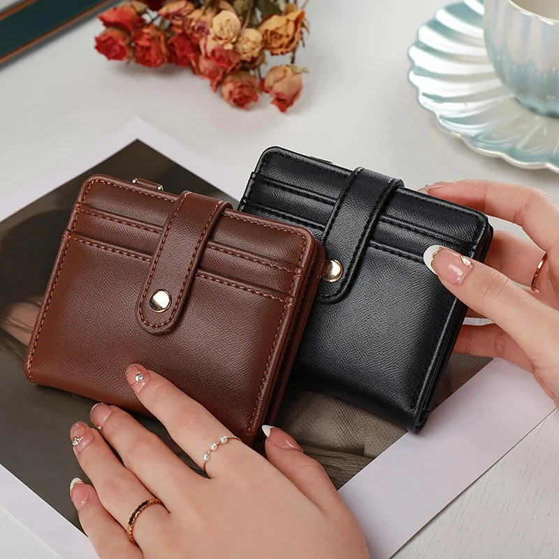 Coin Purse PU Women's Purses Short Thin Small Wallet Chic Metal Button Ladies Genuine Leather Card Holder Wallet Keychain