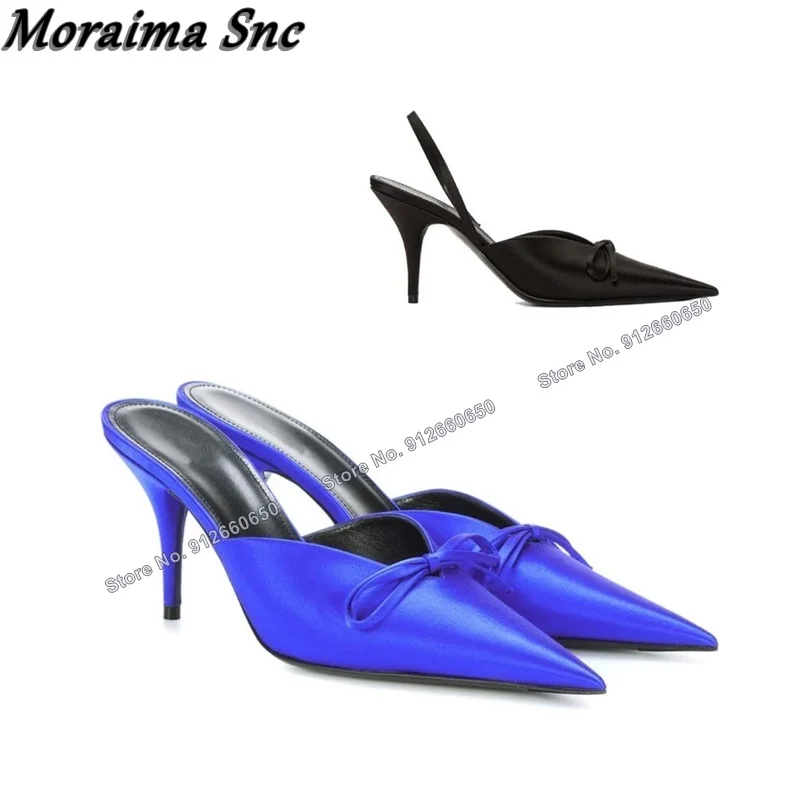 

Moraima Snc Blue Solid Silk Sandal Slippers Bow Knot Decor Stilettos Heels Pointed Toe Cut Out Summer Wedding Shoes on Heels