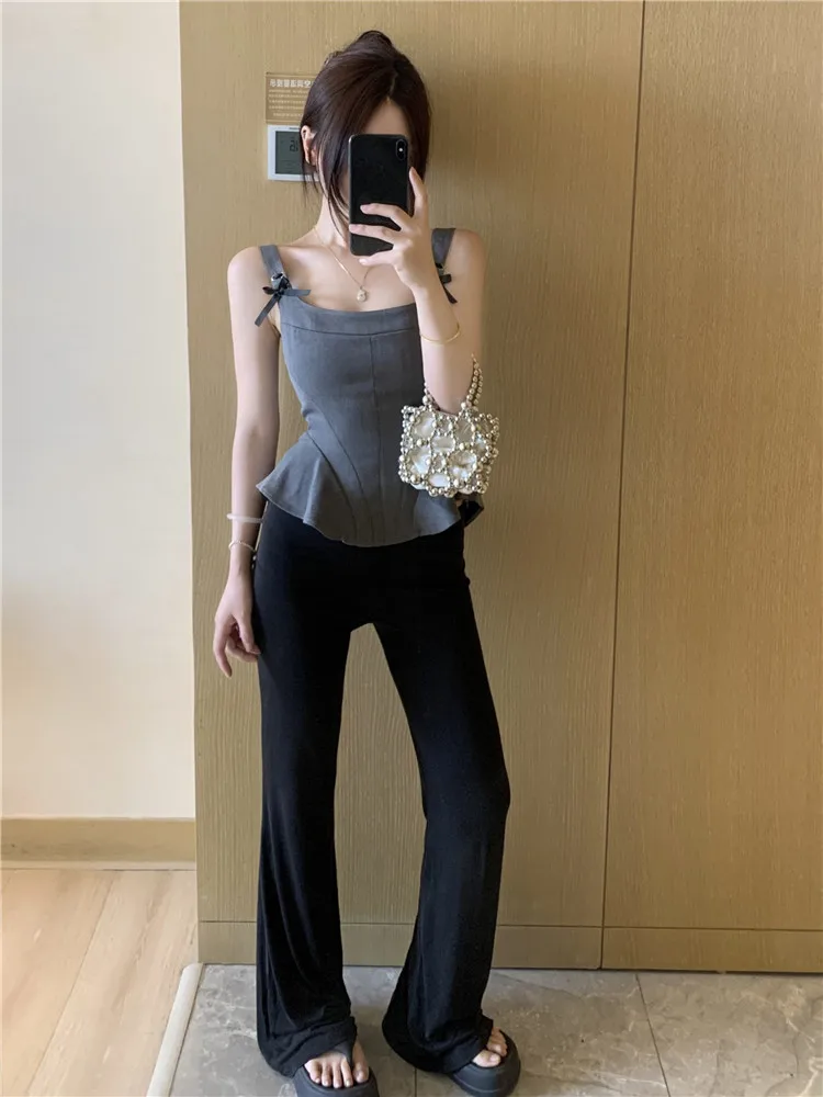 

Летний новый женский комплект: приталенная рубашка с кружевным подолом и прямые брюки с 3D-дизайном, низкая талия, модный повседневный образ