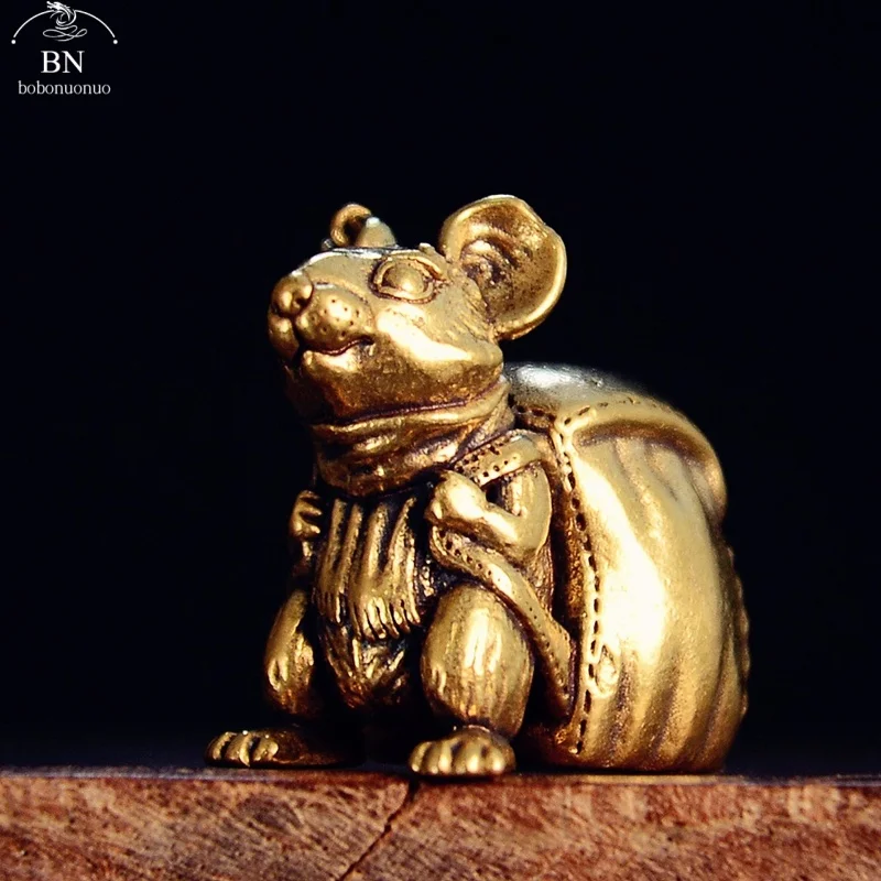 Backpack Mouse Miniature Figurine Brass Cute Animal Rat Small Statue Desktop Ornaments Vintage Home Decoration Craft Accessories
