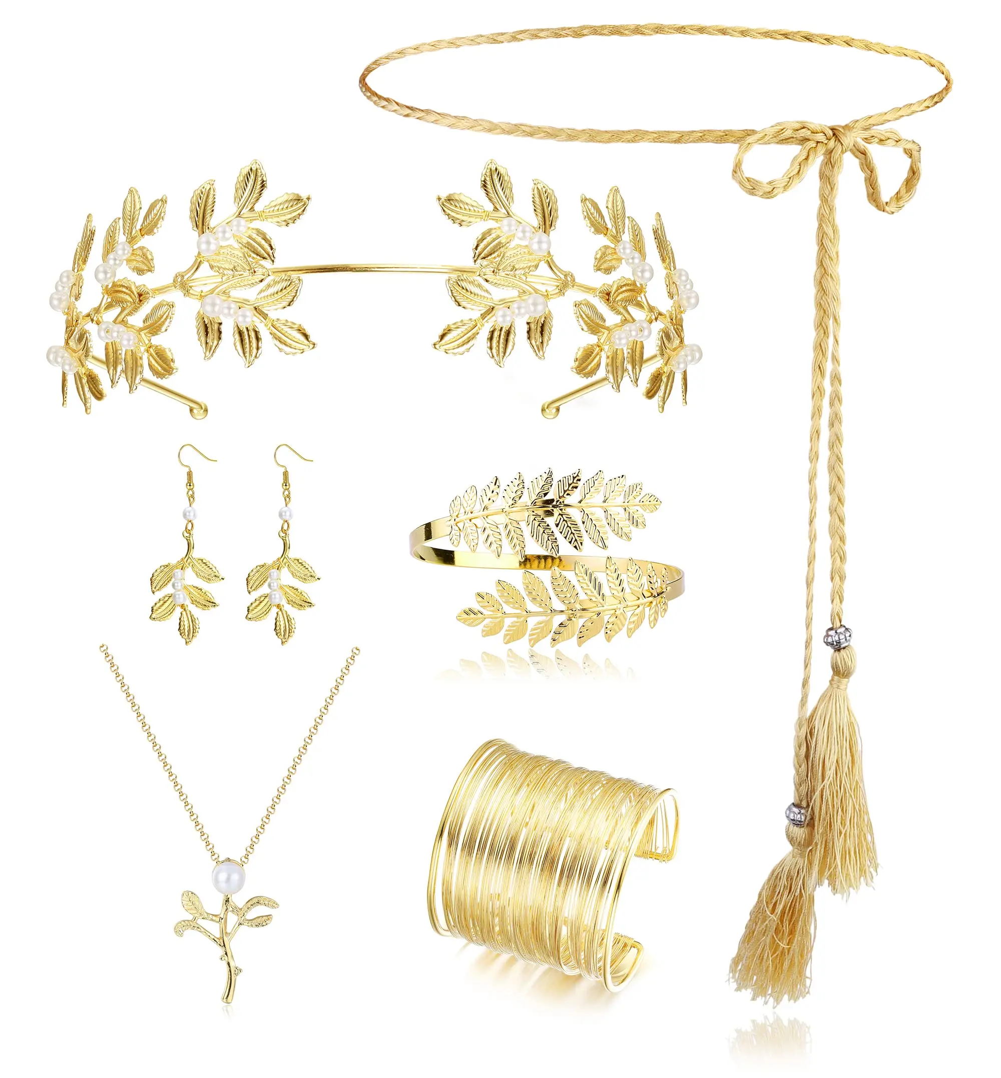 

7 pieces of Greece goddess costume accessories set for women gold roman bay leaf crown headband hair bracelet coil pearl pendant