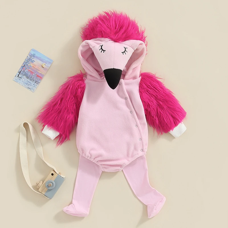 

Suefunskry Baby Cartoon Flamingo Costume Plush Long Sleeve Hooded Romper with Leg Warmers Cosplay Outfits for Boys Girls 0-24M