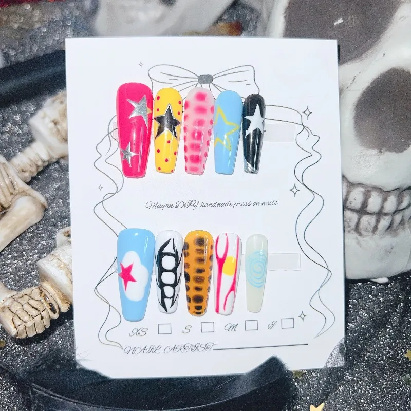 

10 шт., металлический звездный пресс на ногтях, длинный гроб, полый дизайн с вырезами, горячая девушка, кавайный стиль, Y2k, милые крутые накладные ногти, ногти ручной работы