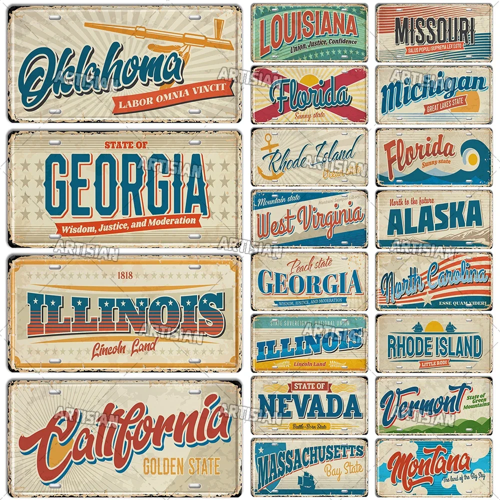 Artisian USA Car Plate Landmark Tin Sign US City State Metal Plaque Wall Decor Garage Bar Pub Club Hotel Cafe Kitchen Home