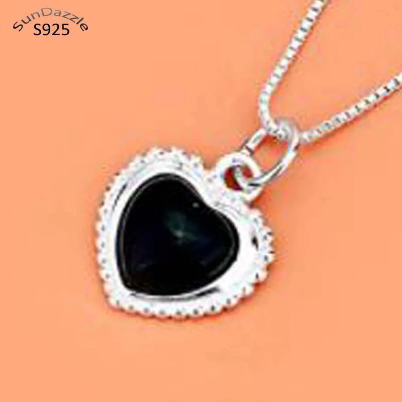 Genuine Real Pure Solid 925 Sterling Silver Pendant for Women Black Heart Agate Stone Female Suspension Jewelry