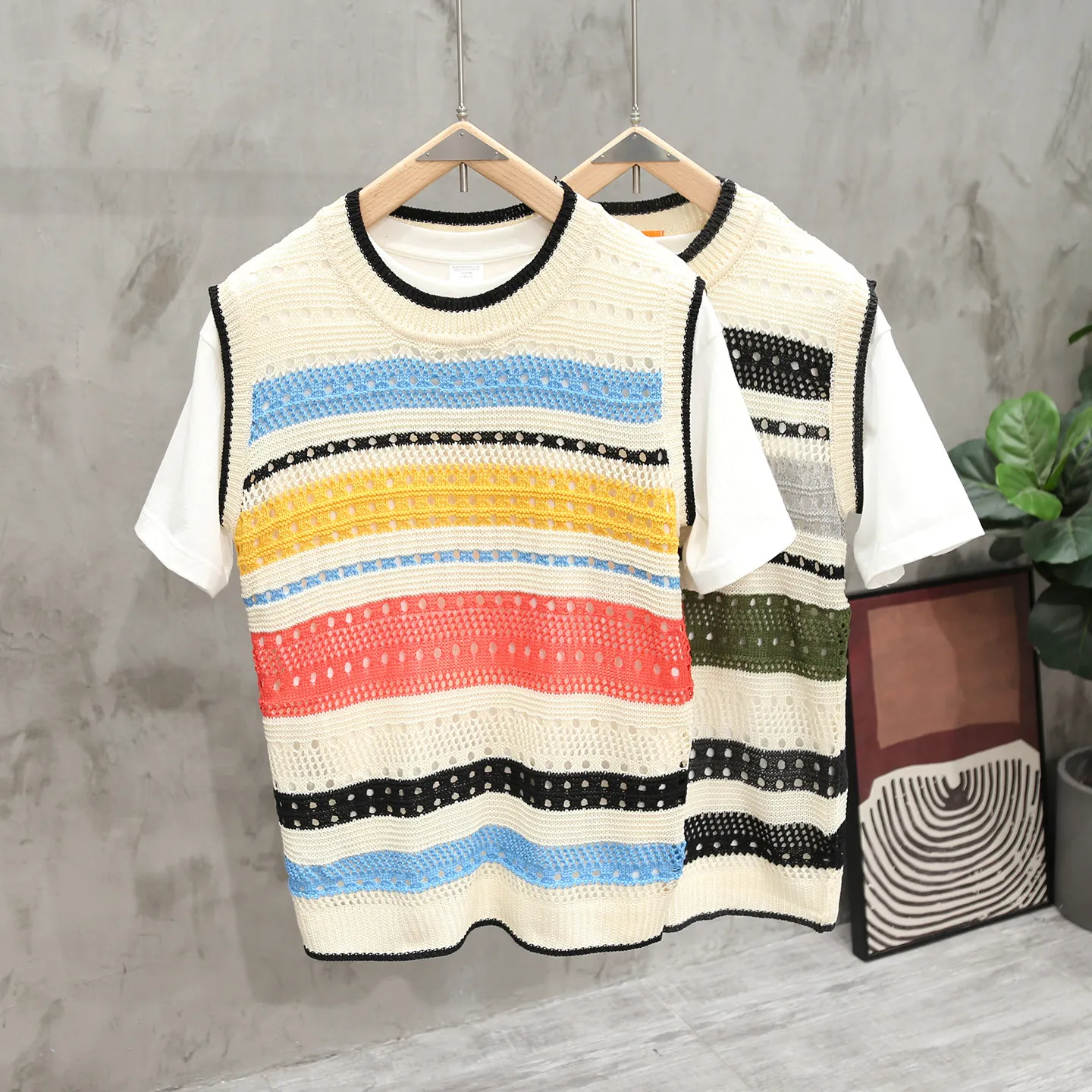 Summer Striped Knitted Tank Tops For Men Korean Casual Fashion Loose Male Hollow Out Color Contrast Round Neck Vest