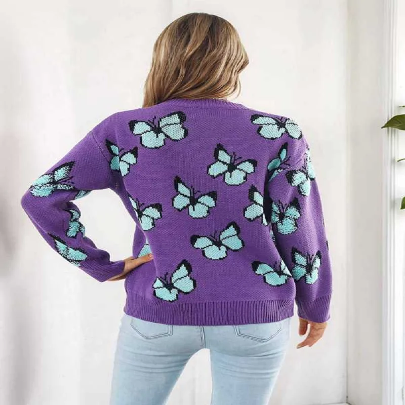 Y2k فراشة الجاكار المرأة سترة الخريف الشتاء عالية Stree موضة الدافئة تريكو ملابس نسائية غير رسمية فضفاضة البلوز القمم