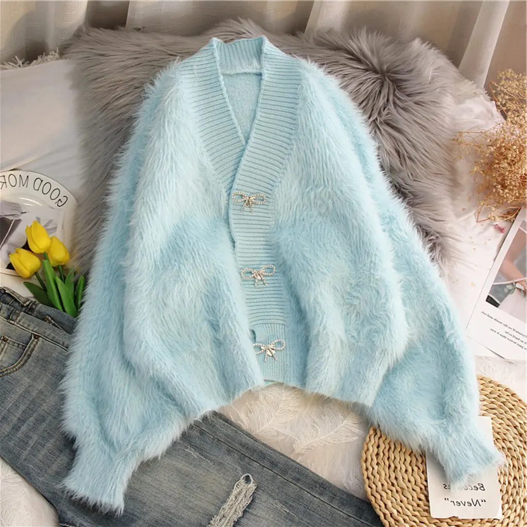 

Winter Thickened Loose V-Neck Unique Design Sensation Mink Velvet Sweater Outerwear Cardigan For Women Fashionable Casual Style