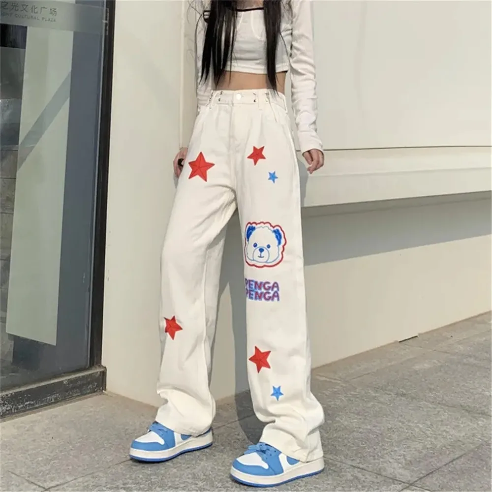 

Cartoon Bear Print Casual Student Baggy Wide Leg Jeans Women High Waist Star Appliques Streetwear Loose Stright Y2k Denim Pants